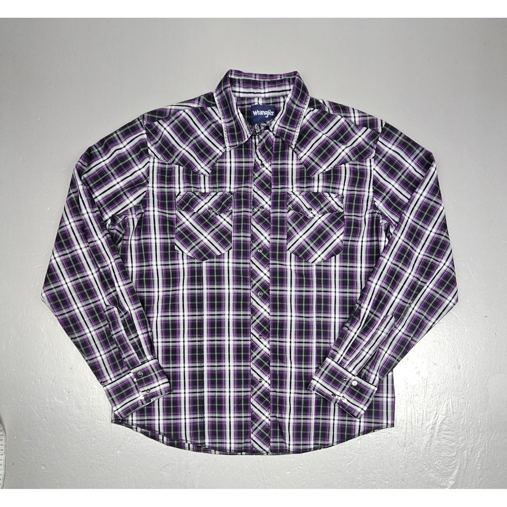Wrangler Pearl Snap Shirt Mens‎ Large Purple Western Classic Plaid Long Sleeve